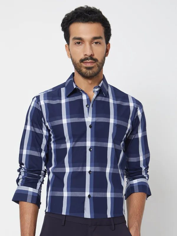 MUFTI navy checks cotton casual shirt-G3-MCS13220 Ireland
