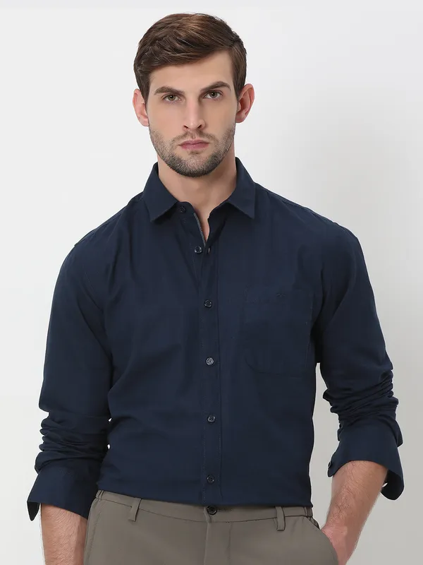 MUFTI navy cotton casual plain shirt-G3-MCS13372
