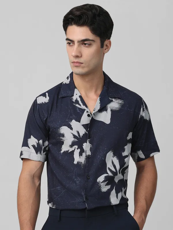 MUFTI navy cotton printed shirt with half sleeves-G3-MCS14113