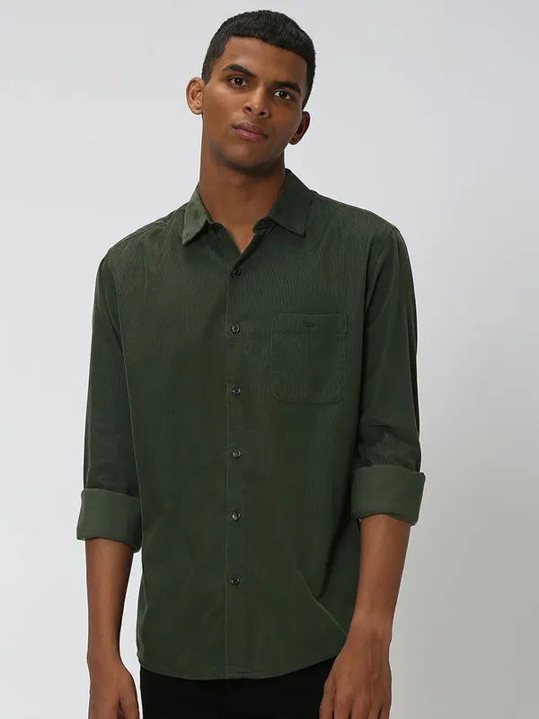 Mufti olive cotton plain shirt-G3-MCS12745