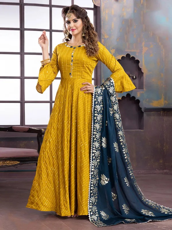 Mustard yellow anarkali suit with contrast dupatta-G3-WSS39178 |...