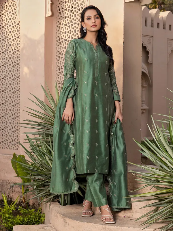 Beautiful Soft Green & Gold Embroidered Premium Silk Salwar Suit