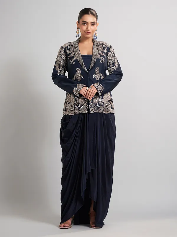 Navy designer indo western jacket style ensemble-G3-WSS44188