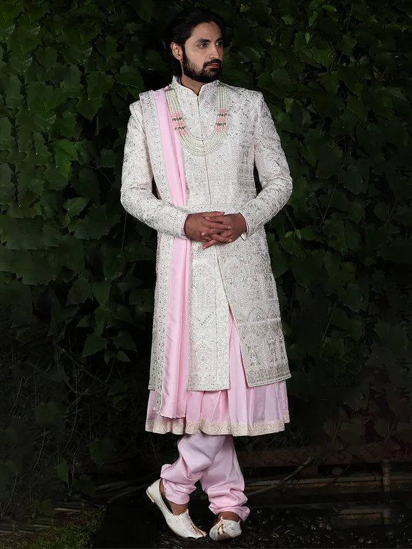 Off white and pink raw silk sherwani for wedding-G3-MSH7278