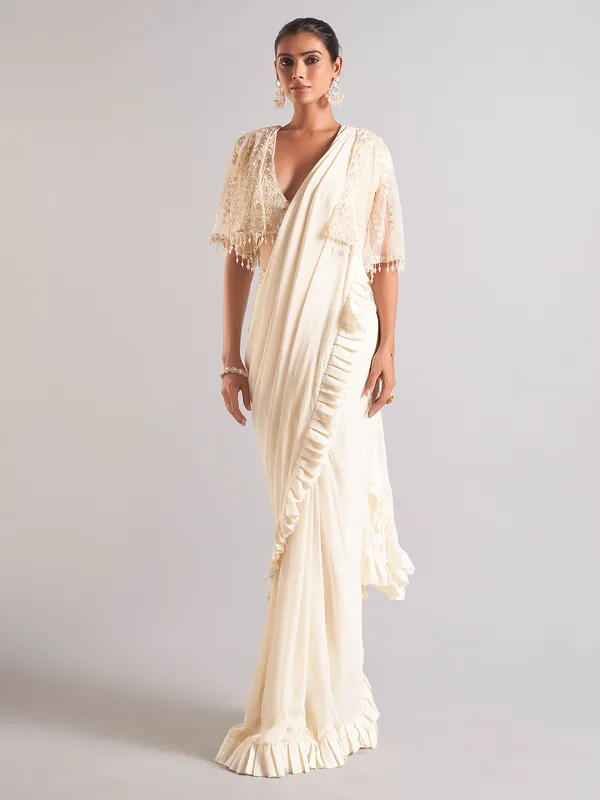 Vistavelle Ivory White Chiffon Embroidered Saree main image 1