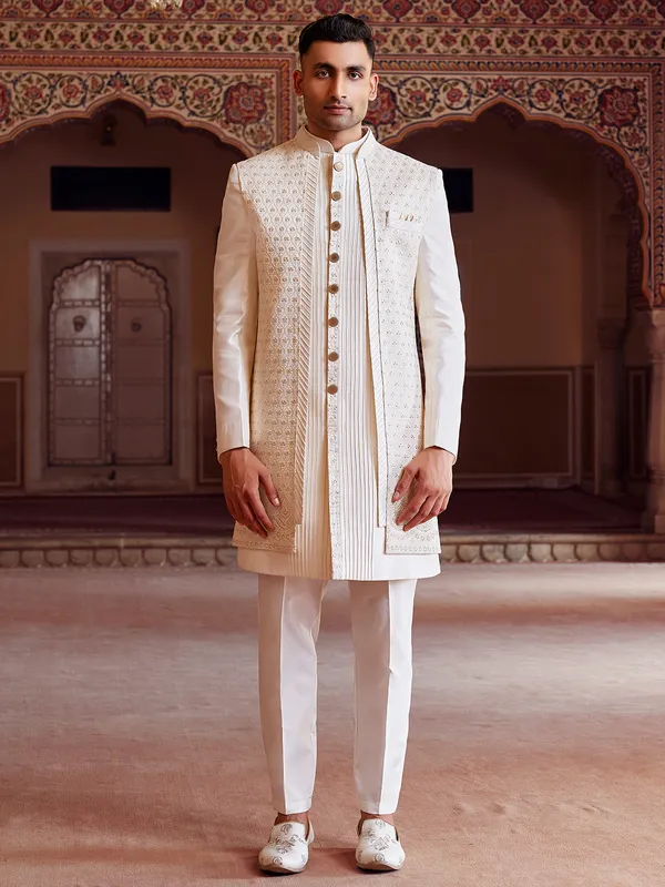 Off white lavish raw silk indo western for men-G3-MIW8202