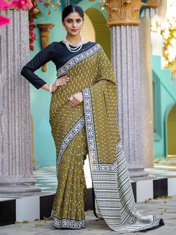 Printed Sarees Bhagalpuri Silk Fabric Online Olive Bhagalpuri Silk