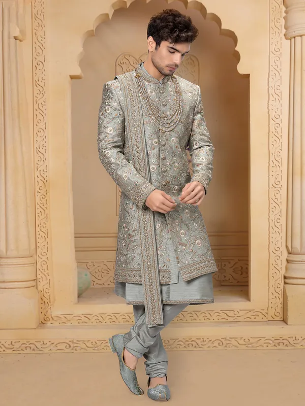 Grey raw silk wedding wear men sherwani-G3-MSH0661
