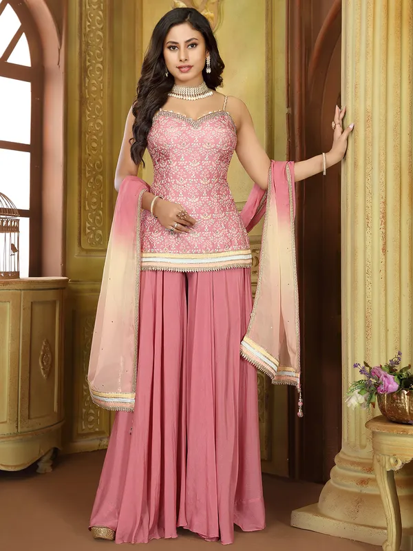 Onion pink silk palazzo suit for women-G3-WSS43275