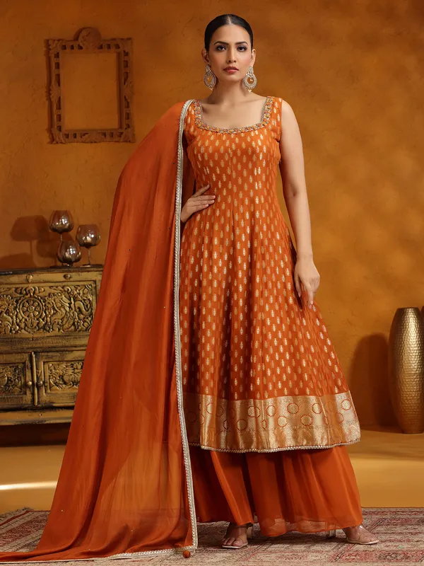 Varahi ( orange ) - slub silk suit set in orange and gold colour combination聽