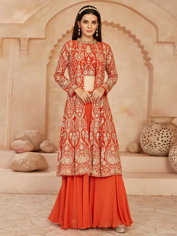 Orange georgette jacket style wedding palazzo suit-G3-WSS43626
