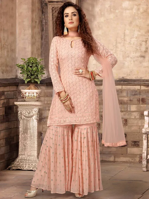 Peach georgette punjabi sharara suit-G3-WSS20010 | United States
