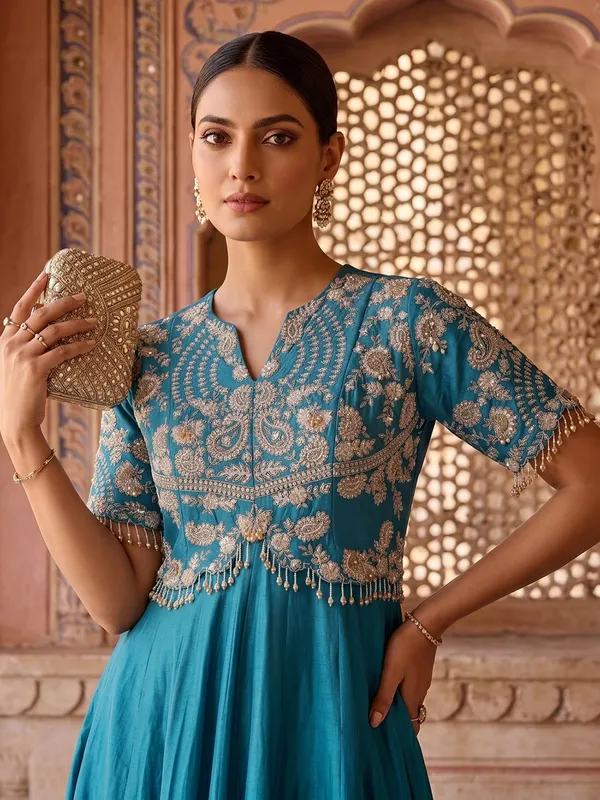 Peacock blue silk festive Anarkali suit-G3-WSS45905 | United States