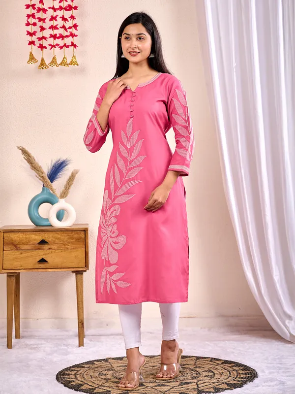Pink Kurtis Under 200 Online Pink Casual Embroidery Silk Kurti-G3