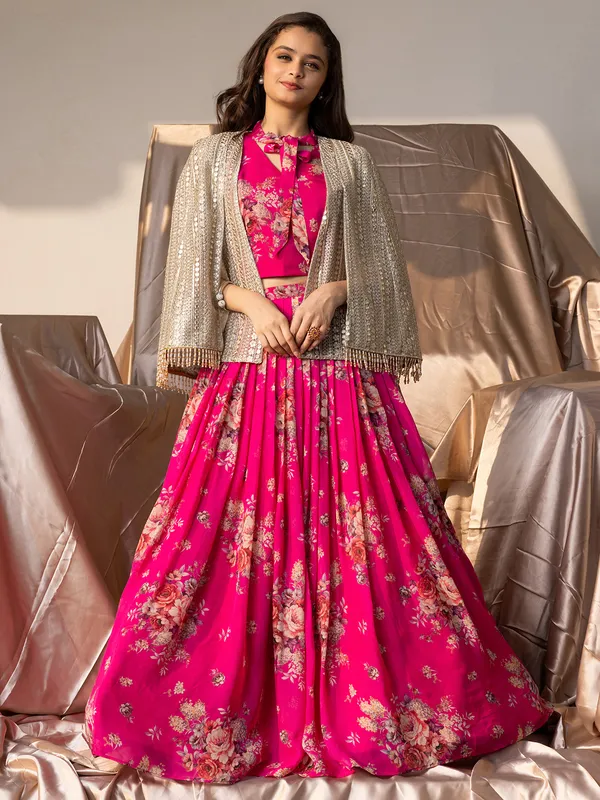 Pink short choli with lehenga and jacket