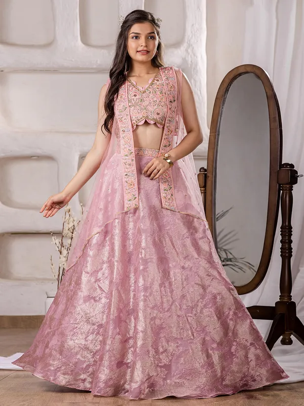 Lehenga Girls Pink Shrug Girls Embellished Embroidered Lehenga