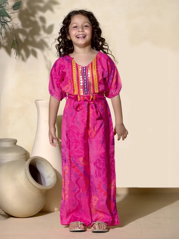 Pink silk printed jumpsuit for girls with belt-G3-GSS3347