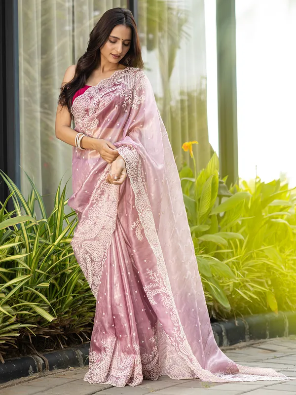 Elegance in Every Thread Pink Designer Embroidered Viscose Tissue Saree