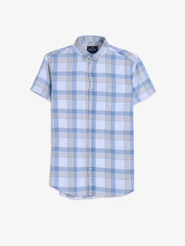 Combo of 2 Men Cotton Checks Shirts White and Sky Blue main image 1