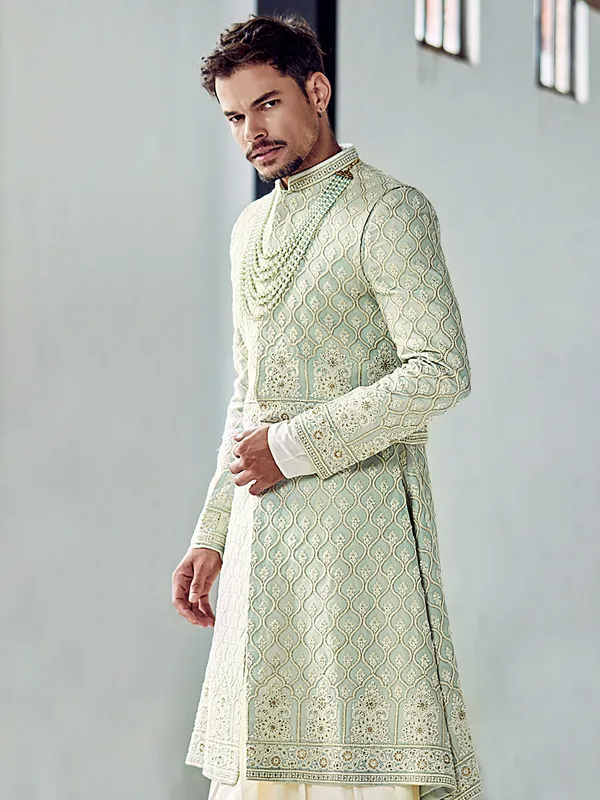 Pista green silk anarkali sherwani for groom G3 MSH7262 United