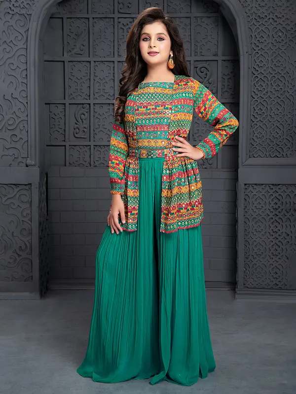 Printed rama green jacket style palazzo suit-G3-GSS2481