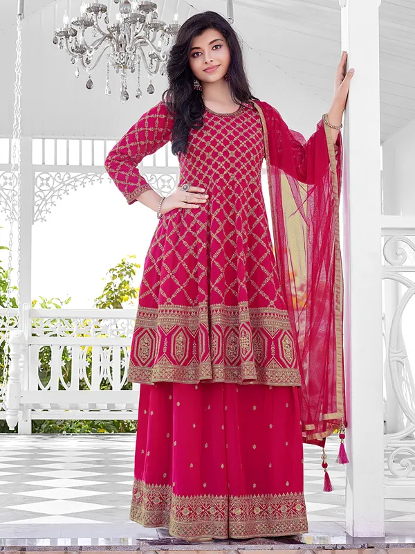 Dupatta New Plazo Suits Rani Pink Georgtte Festive Style Palazzo