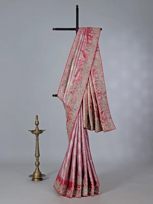 Rani pink semi kanjivaram silk saree with zardosi work-G3-WSA61949