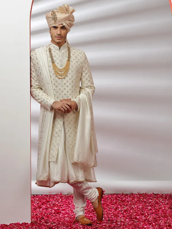 Raw silk cream color groom and wedding sherwani-G3-MSH6946