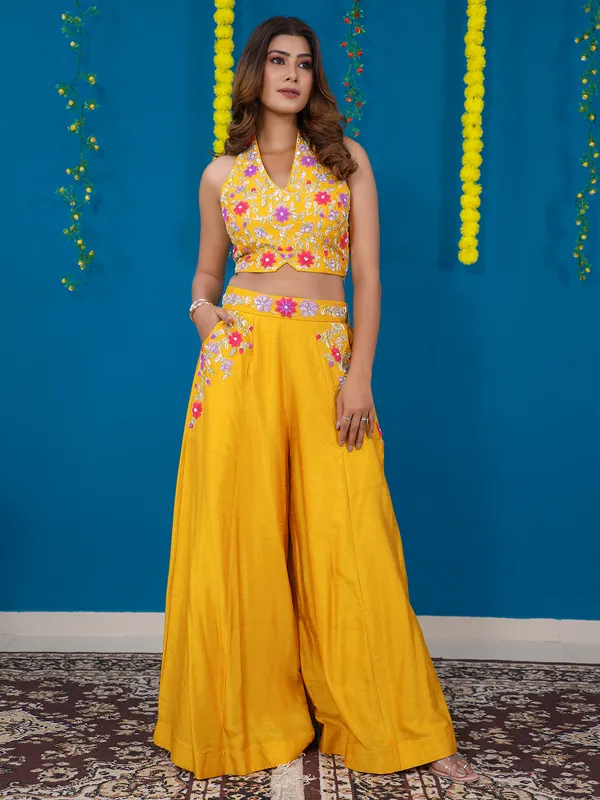 Solid Yellow Jacket & Stripped Palazzo Clothing Set main image 1