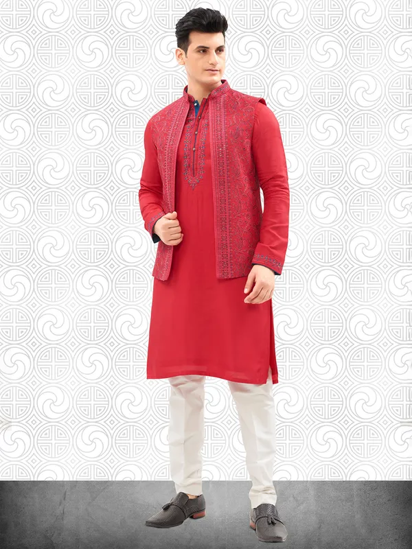 Red cotton wedding style waistcoat set for men-G3-MWCS1386