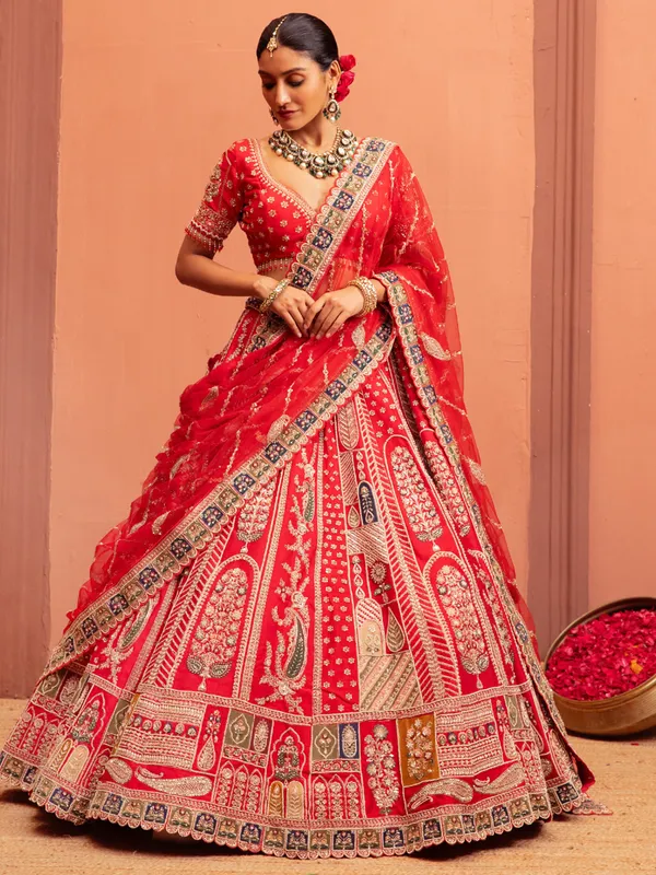 Red wedding lehenga with readymade choli for - Main Image