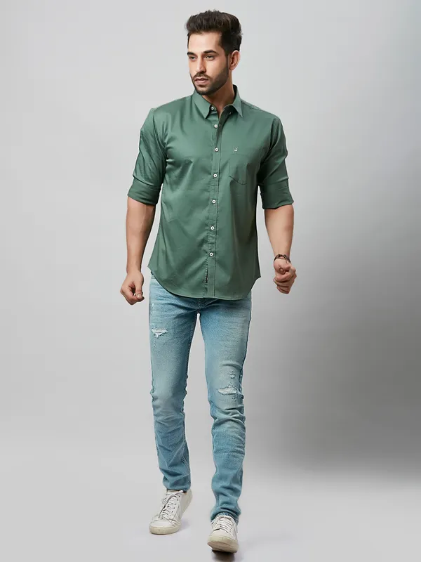 Olive Mens Green Shirt With Blue Jeans Shirt Full Sleeve Mens