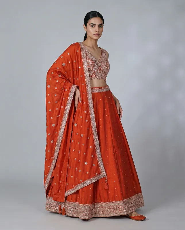 Rust orange silk embroidered lehenga choli-G3-WLC17723 | United States