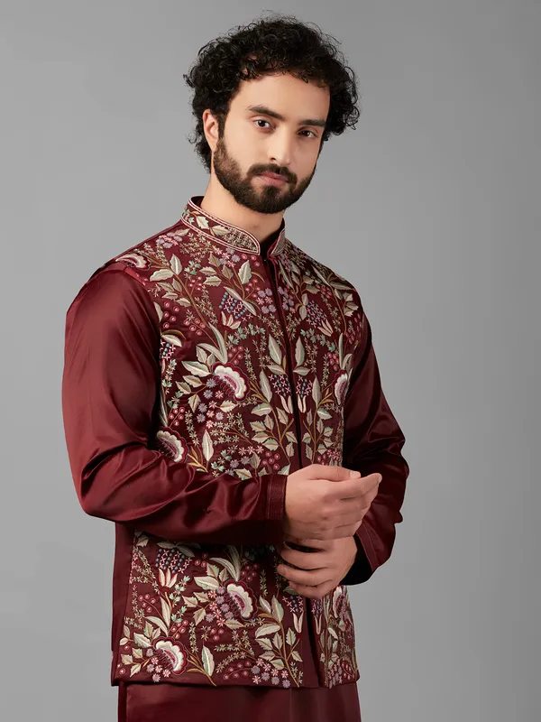 Shiny maroon silk waistcoat set-G3-MWCS1222 United Arab Emirates
