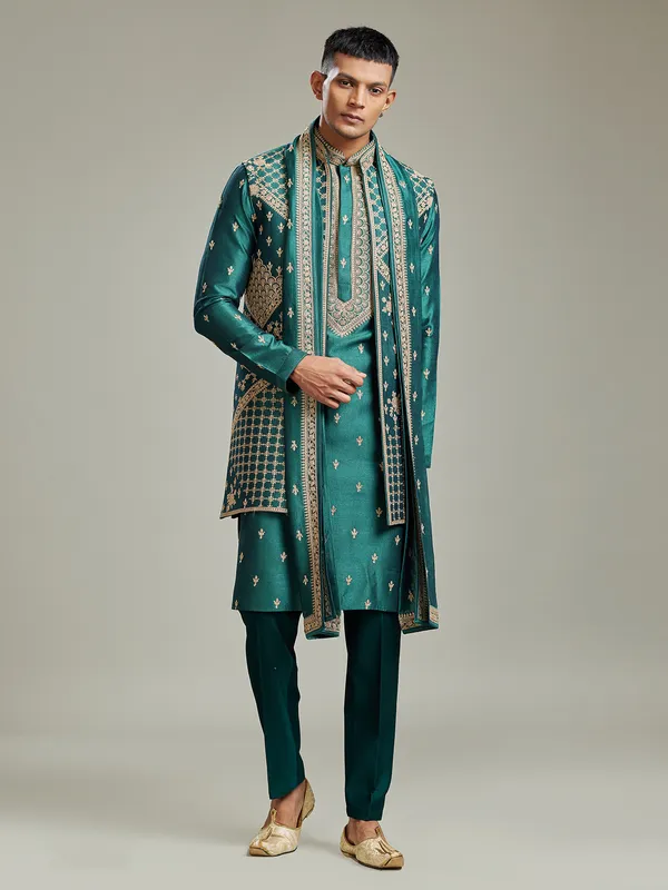 HK Fashion Mens RTW 1 Piece Embroidered Leaf Green Waistcoat - Wedding Collection