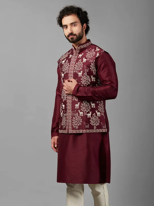 Silk maroon waistcoat set with embroidery-G3-MWCS1168