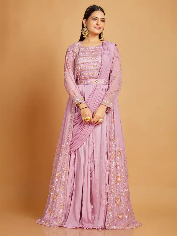Silk mauve pink floor length suit with shrug-G3-WSS40081