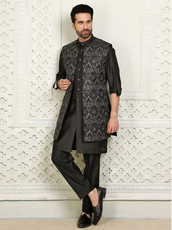 Silk wedding wear waistcoat set in black for men-G3-MWCS2646