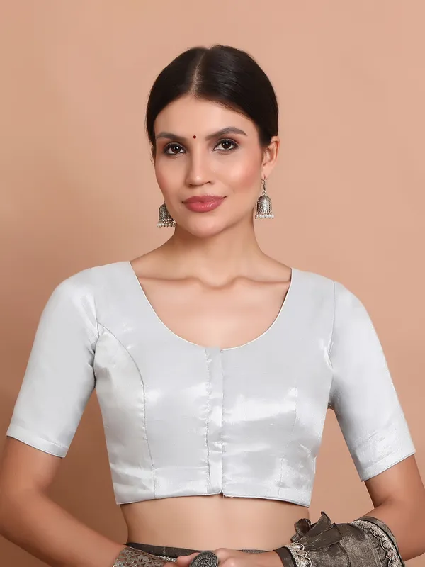 Silver tissue silk round neck ready made blouse-G3-RB2438