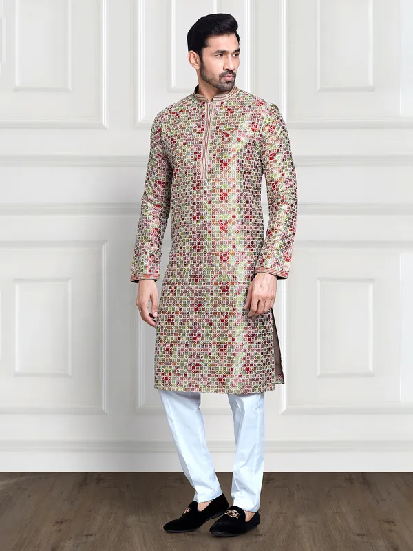 Men'S Grey Printed Silk Blend Kurta