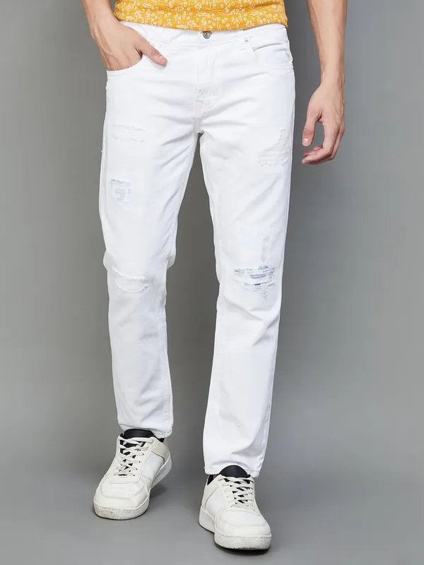 Spykar white ripped slim tapered fit jeans-G3-MJE4861