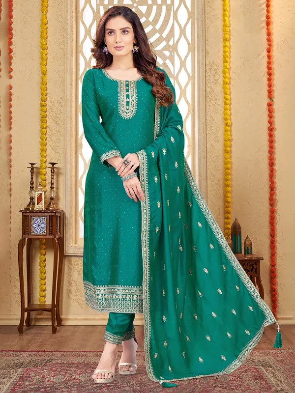 Deep Teal Blue Premium Mul Silk 3-Piece Readymade Salwar Suit Set – Large to 2XL main image 0