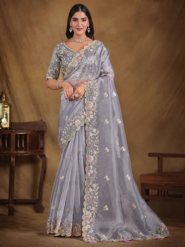 Stunning grey organza saree-G3-WSA57128 Saudi Arabia