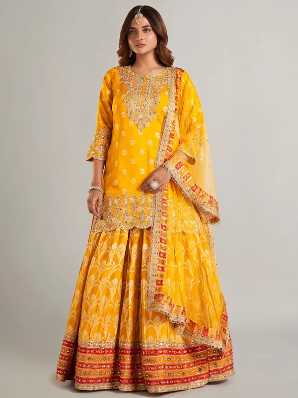 Mustard Yellow Chinnon Silk Embroidered Palazzo Suit