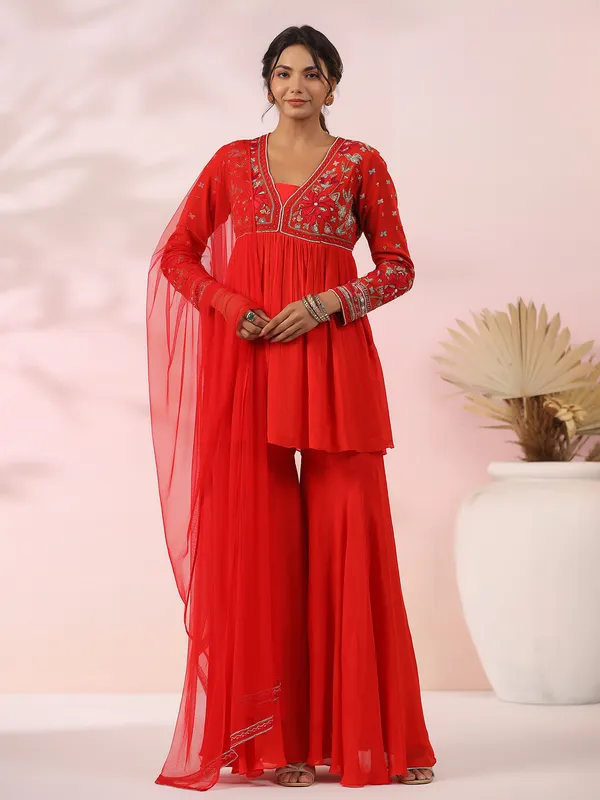 Red Sharara style Suit Faux Georgette