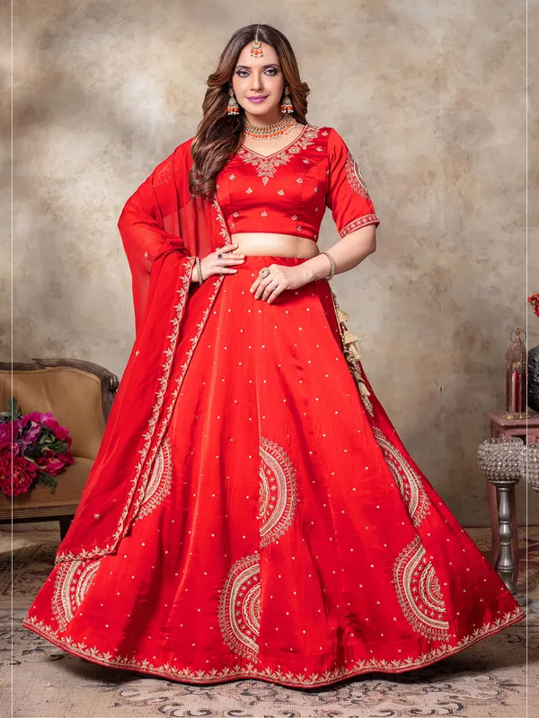 Red Silk Lehenga Choli with Traditional Embroidery & Mirror Work