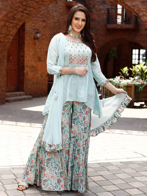 Baby Blue Georgette Kurta Sharara Suit With Gotta Lace And Moti Work main image 0