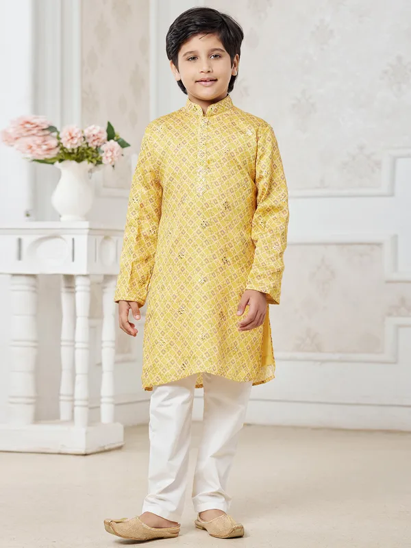 Yellow with Fruits Print Kurta Pajama  Set