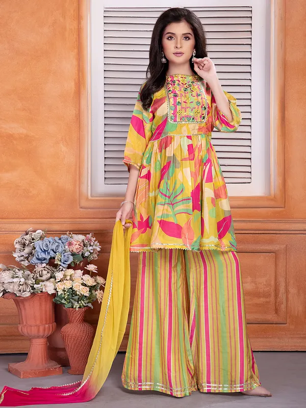 Solid Yellow Jacket & Stripped Palazzo Clothing Set