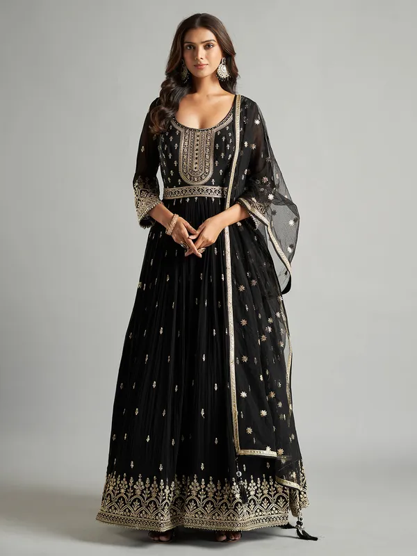 Black Satin Sleeveless Anarkali main image 1